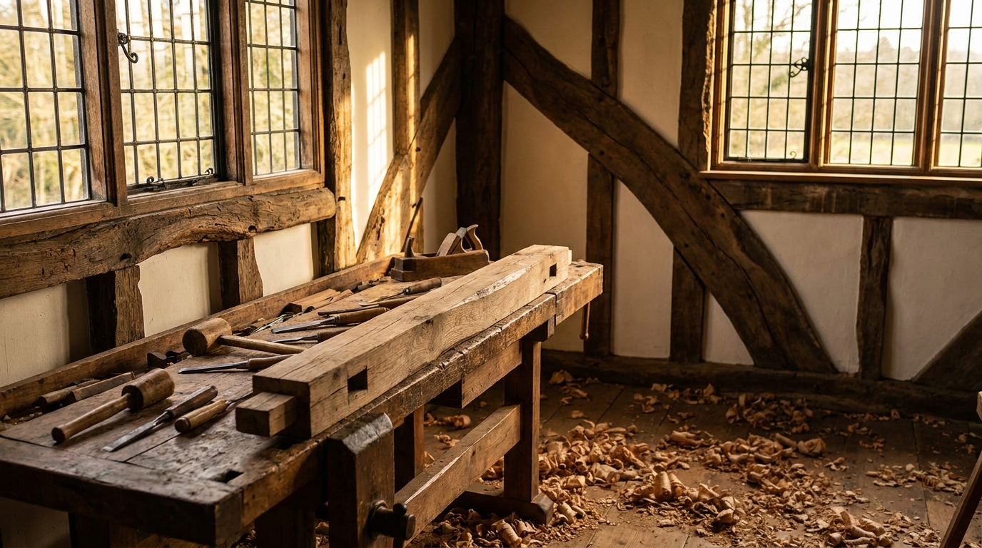 Craftsman restoring timber frame on a period Tudor property